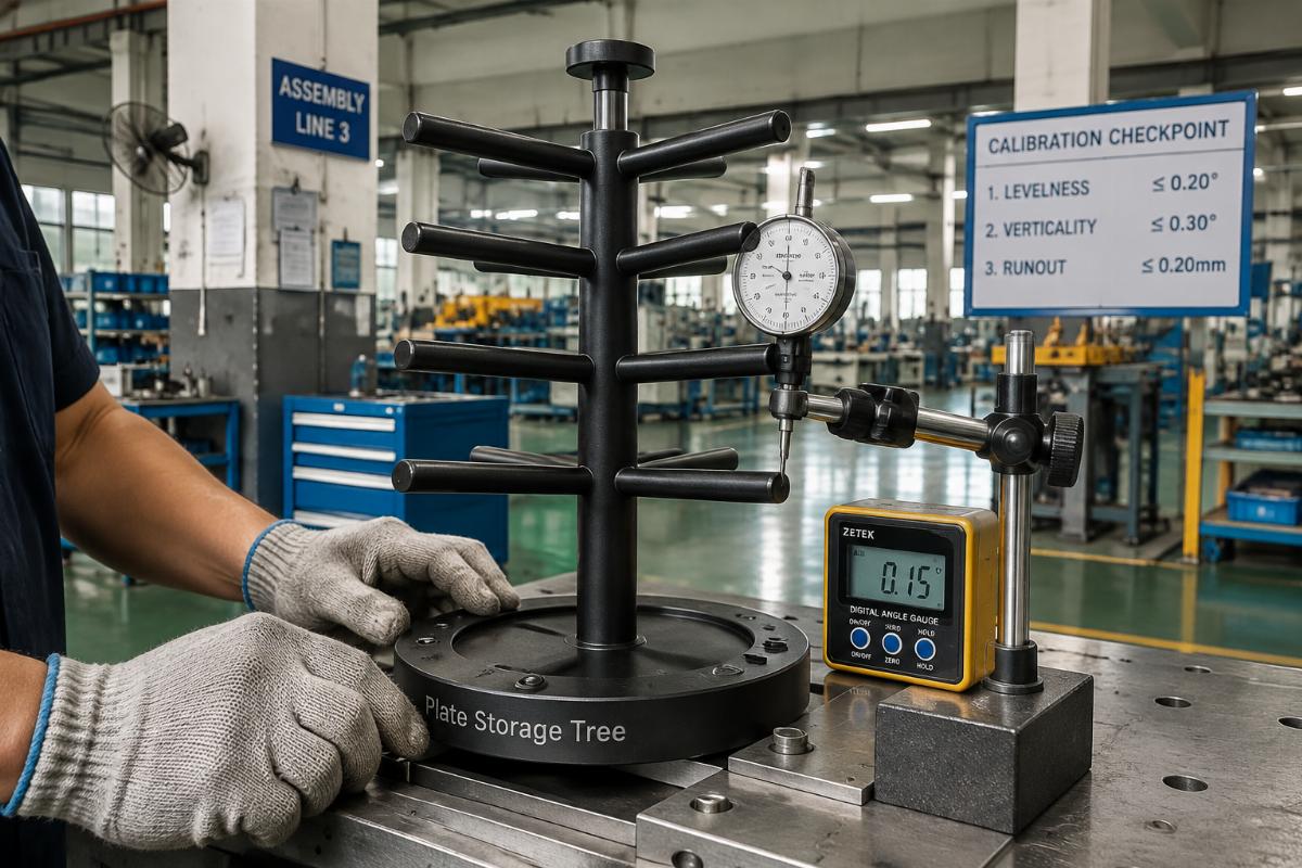 Factory floor calibration of a plate storage tree with dial indicator and digital angle gauge during assembly