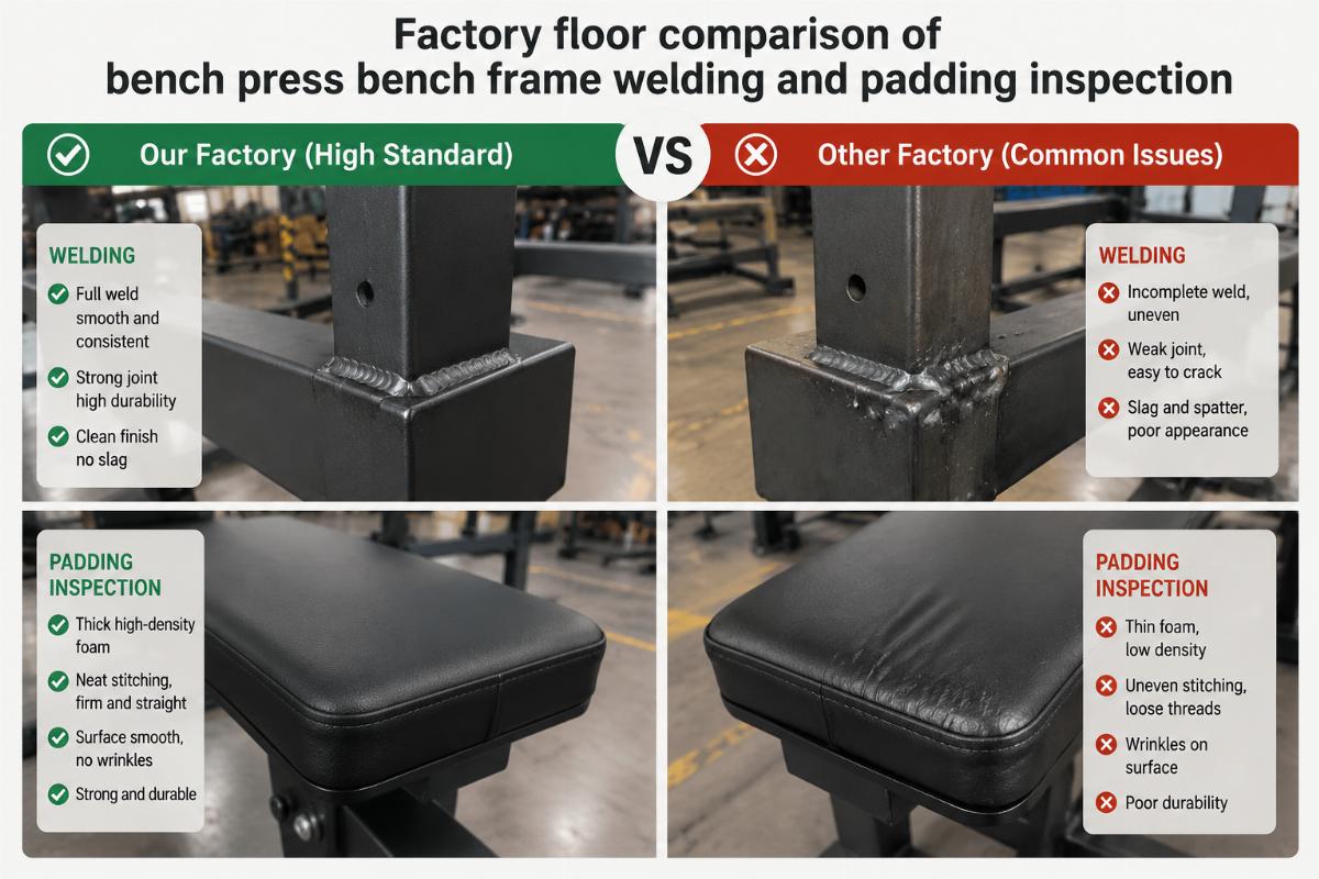 Factory floor comparison of bench press bench frame welding and padding inspection