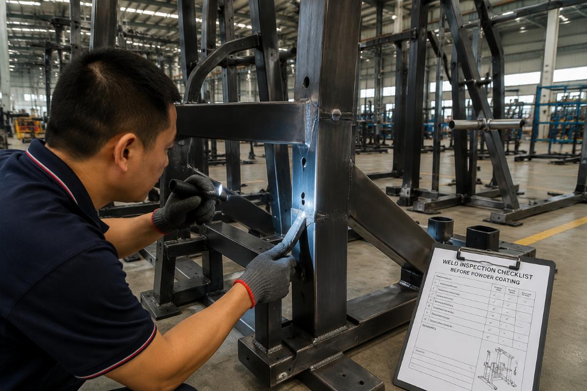 Factory floor inspection of welded frame joints on commercial multi-station gym equipment before powder coating