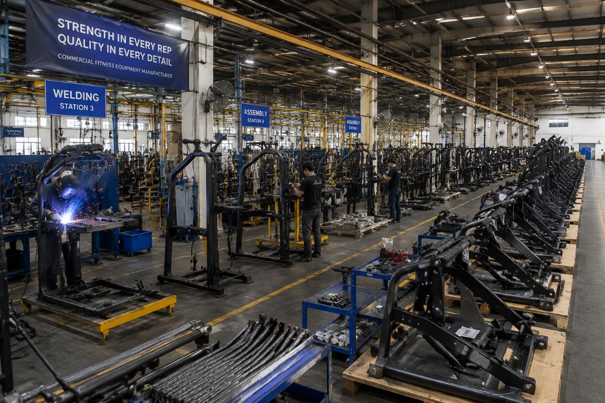 Factory floor showing commercial fitness equipment production line with welded frames and assembly stations