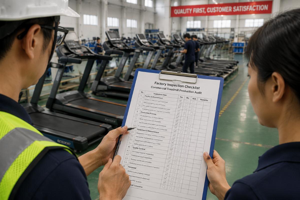 Factory inspection checklist being reviewed during a commercial treadmill production facility audit