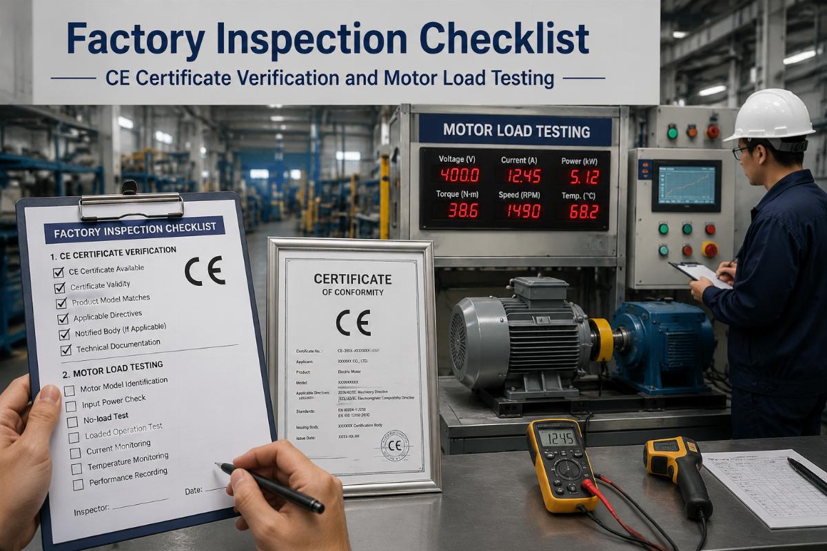 Factory inspection checklist showing CE certificate verification and motor load testing