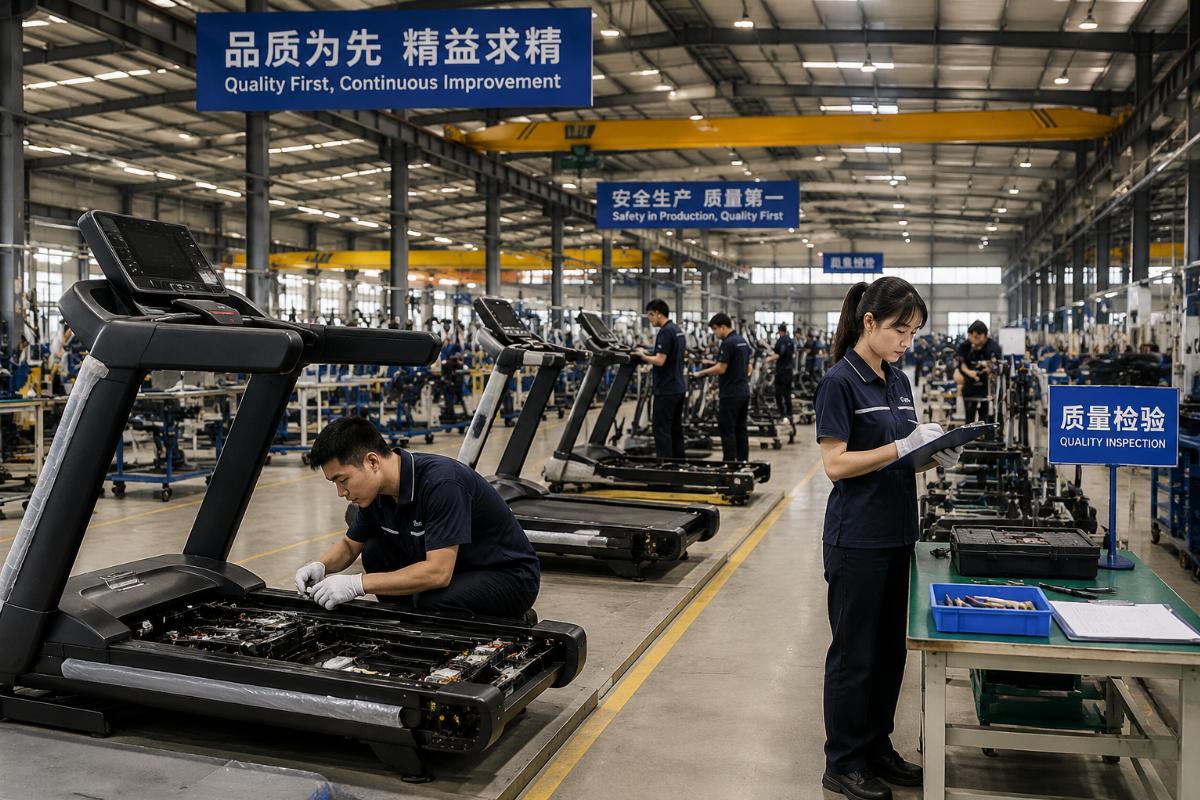 Factory production floor showing commercial fitness equipment manufacturing and quality inspection
