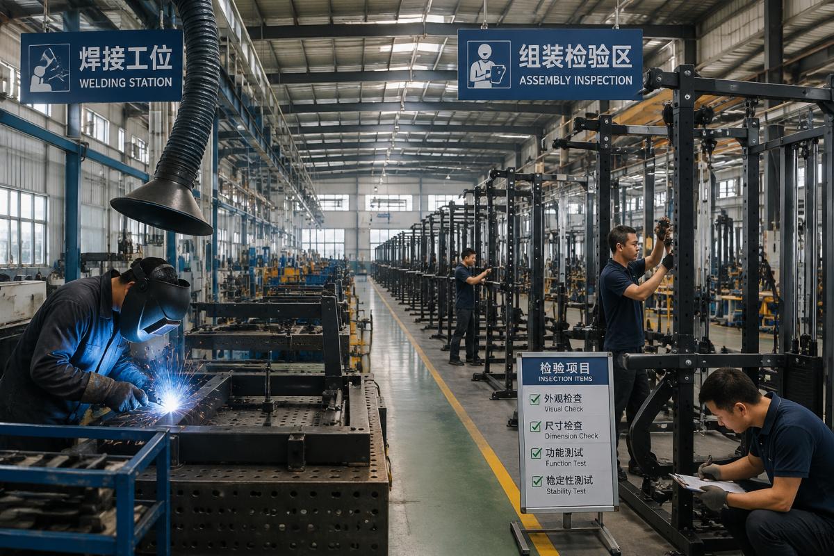 Factory production floor showing welding station and assembly inspection for commercial gym equipment