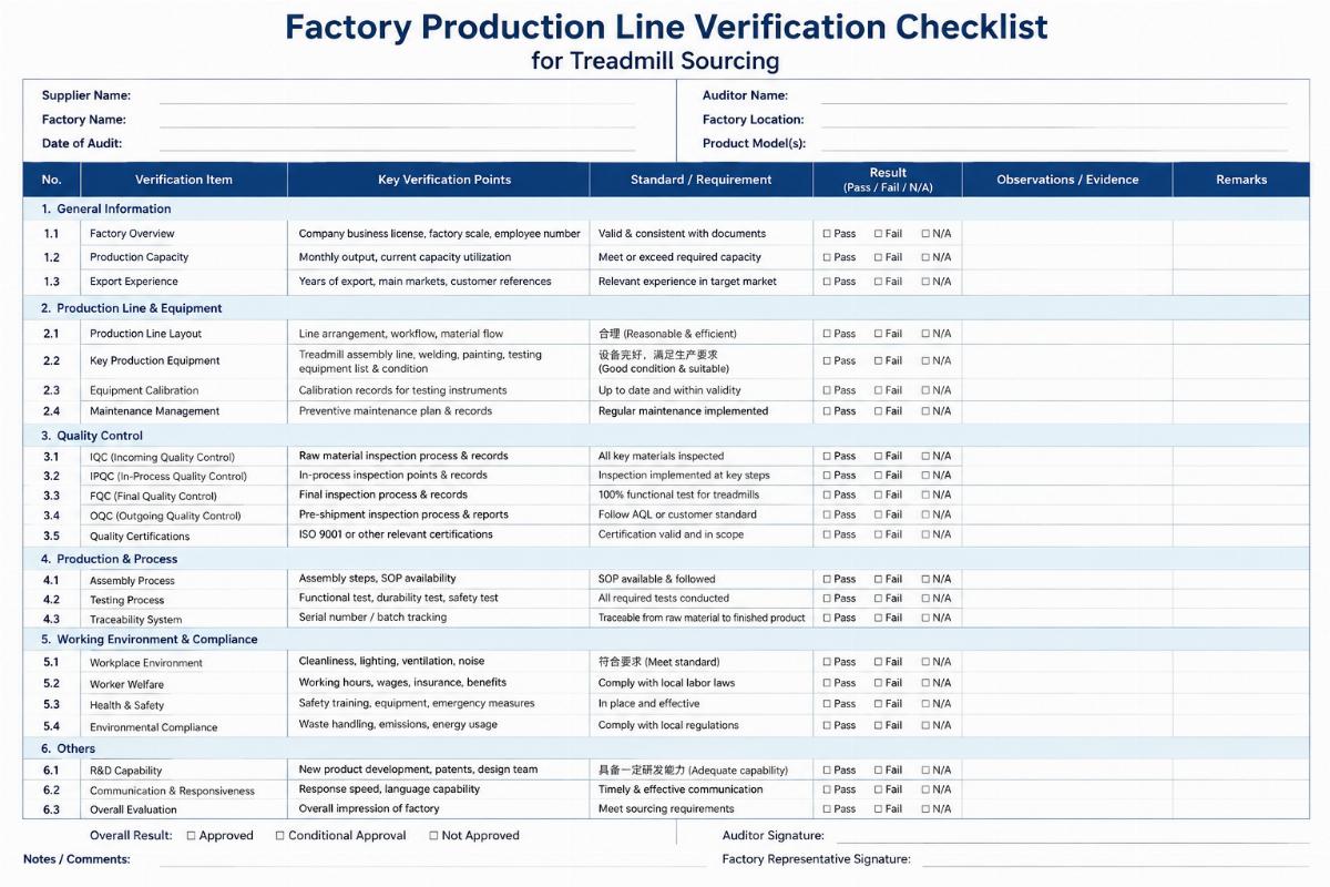 Factory production line verification checklist for treadmill sourcing