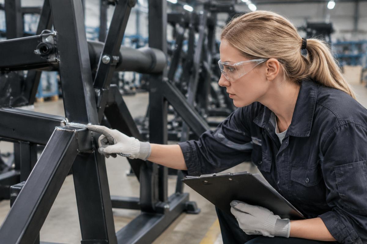 Factory quality inspection of commercial gym equipment welds and frame structure