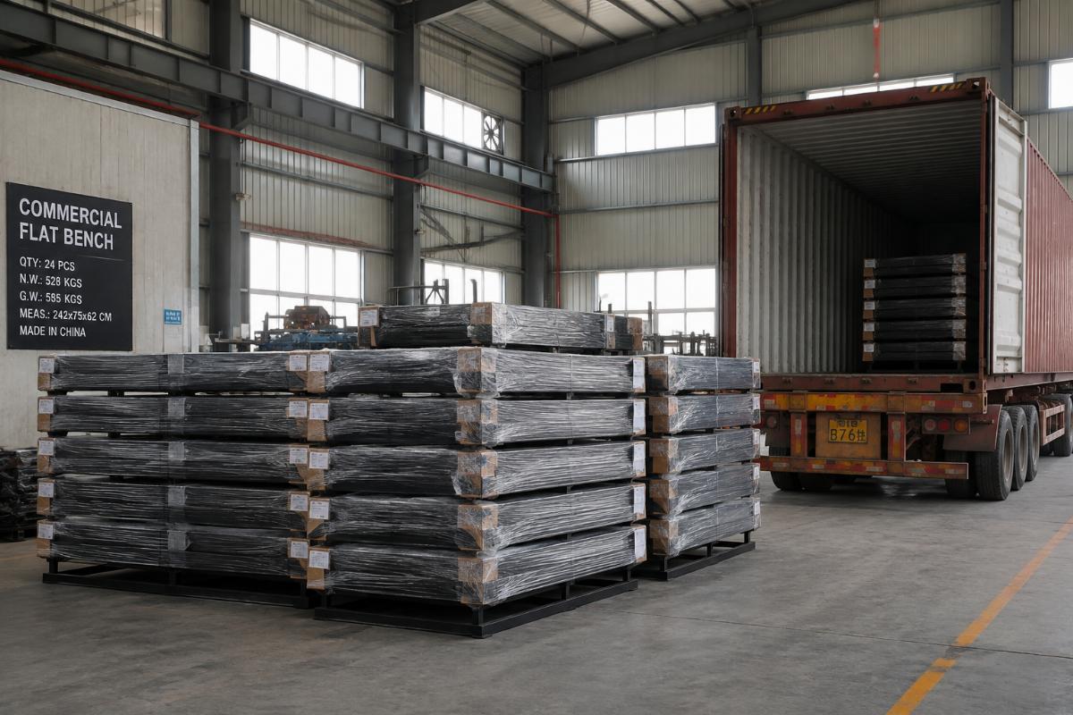Factory warehouse with stacked commercial flat benches prepared for container loading