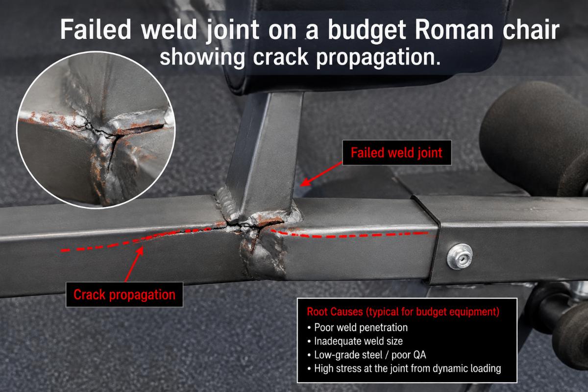 Failed weld joint on a budget Roman chair showing crack propagation