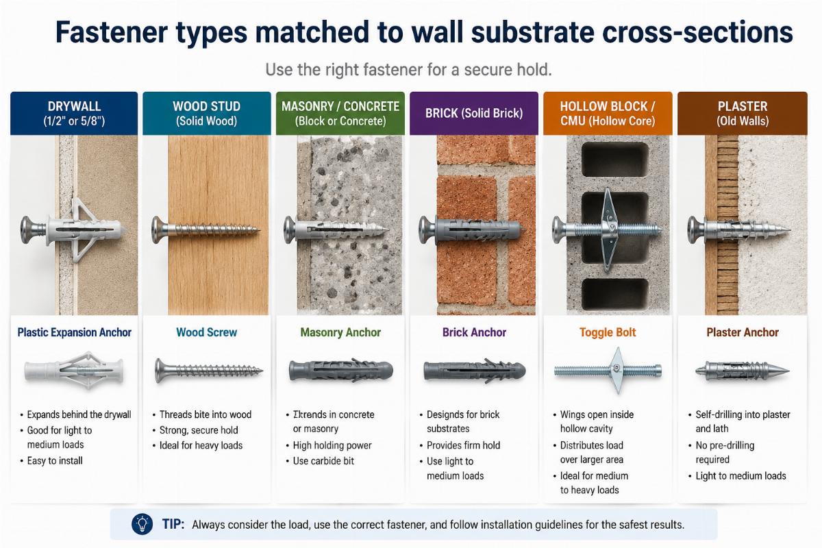 Fastener types matched to wall substrate cross-sections