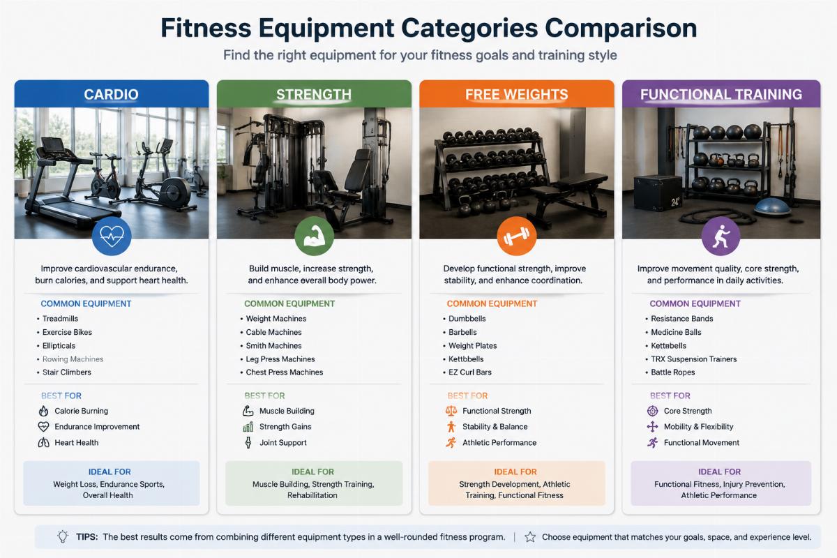 Fitness equipment categories comparison cardio strength free weights functional training