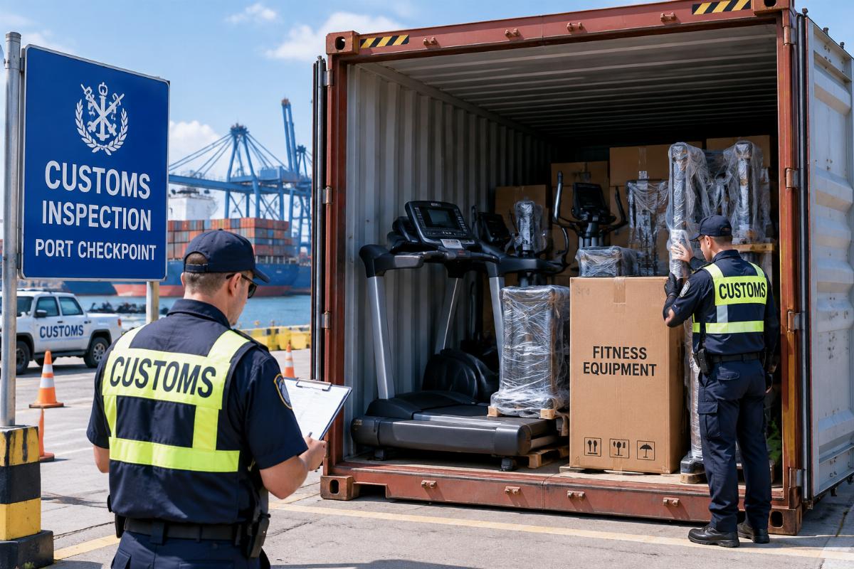 Fitness equipment container being inspected at port customs checkpoint