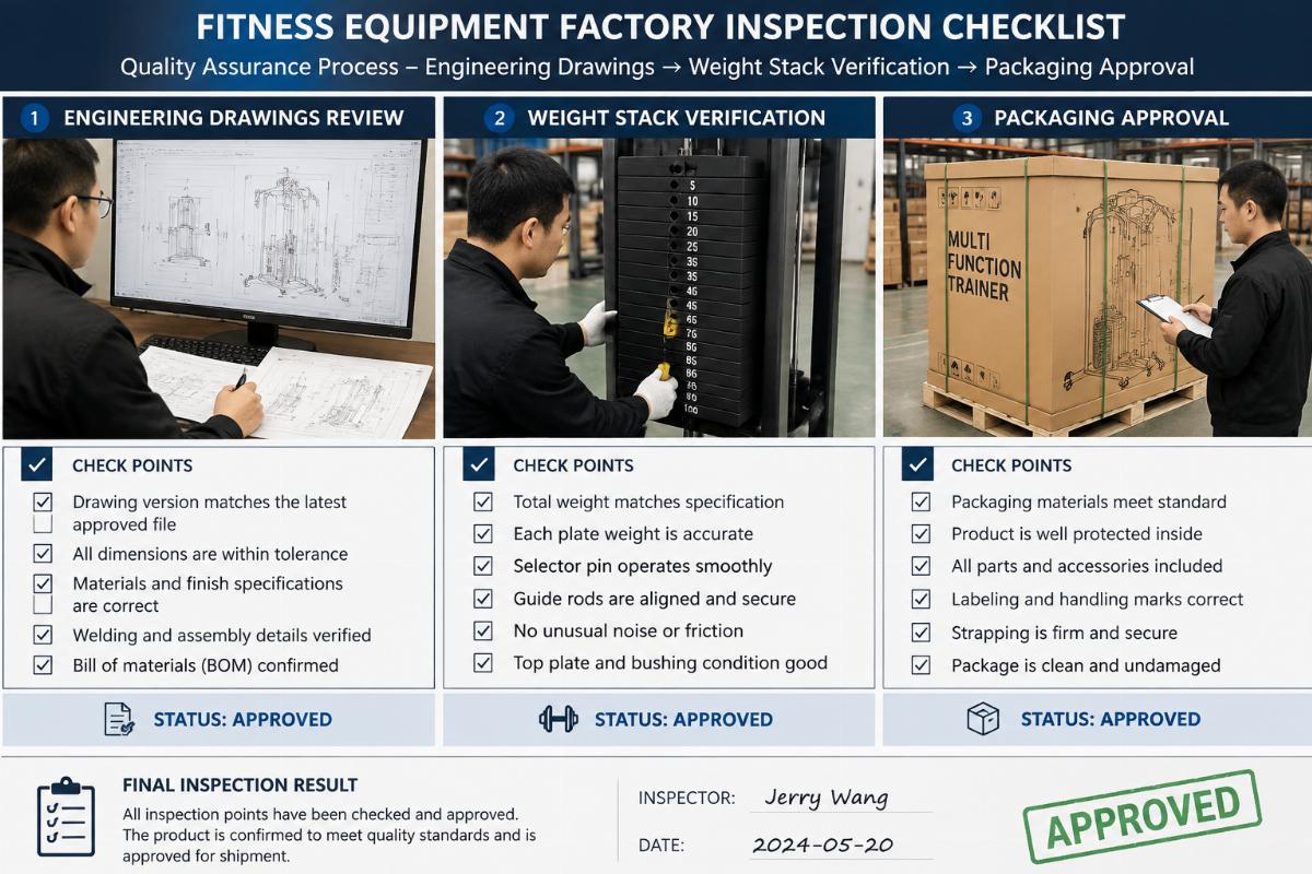 Fitness equipment factory inspection checklist showing engineering drawings, weight stack verification, and packaging approval process