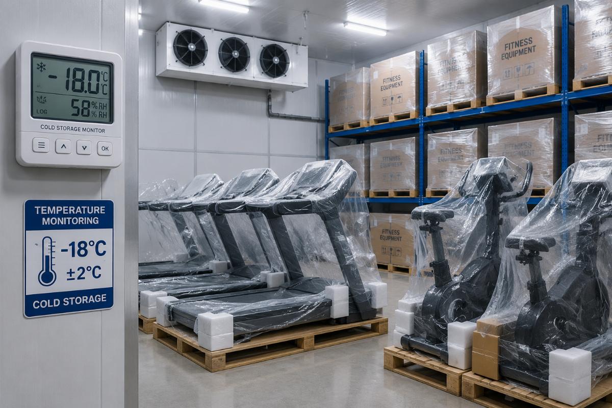 Fitness equipment in cold storage warehouse showing protective packaging and temperature monitoring