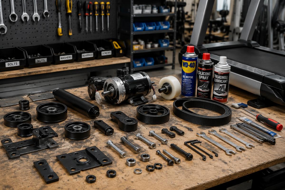 Fitness equipment spare parts and maintenance components laid out on a workshop table