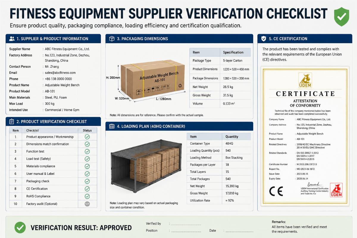 Fitness equipment supplier verification checklist including packaging dimensions loading plan and CE certification