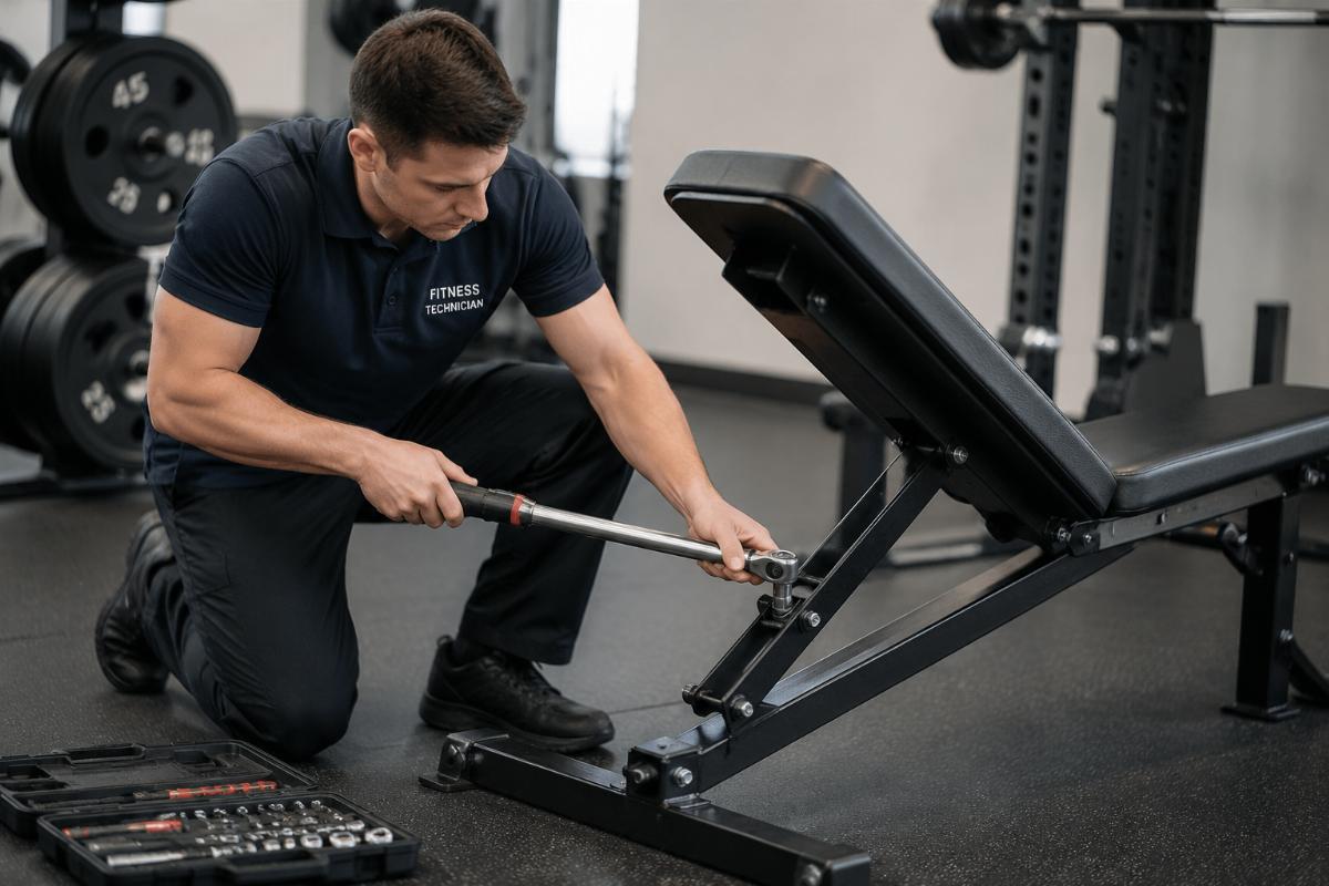 Fitness technician using torque wrench to check utility bench frame bolts