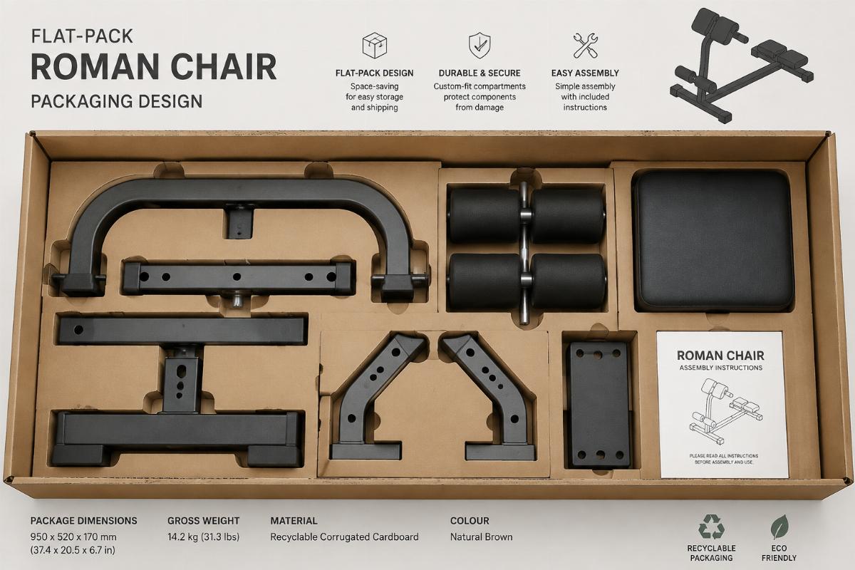 Flat-pack Roman chair packaging design showing nested component layout
