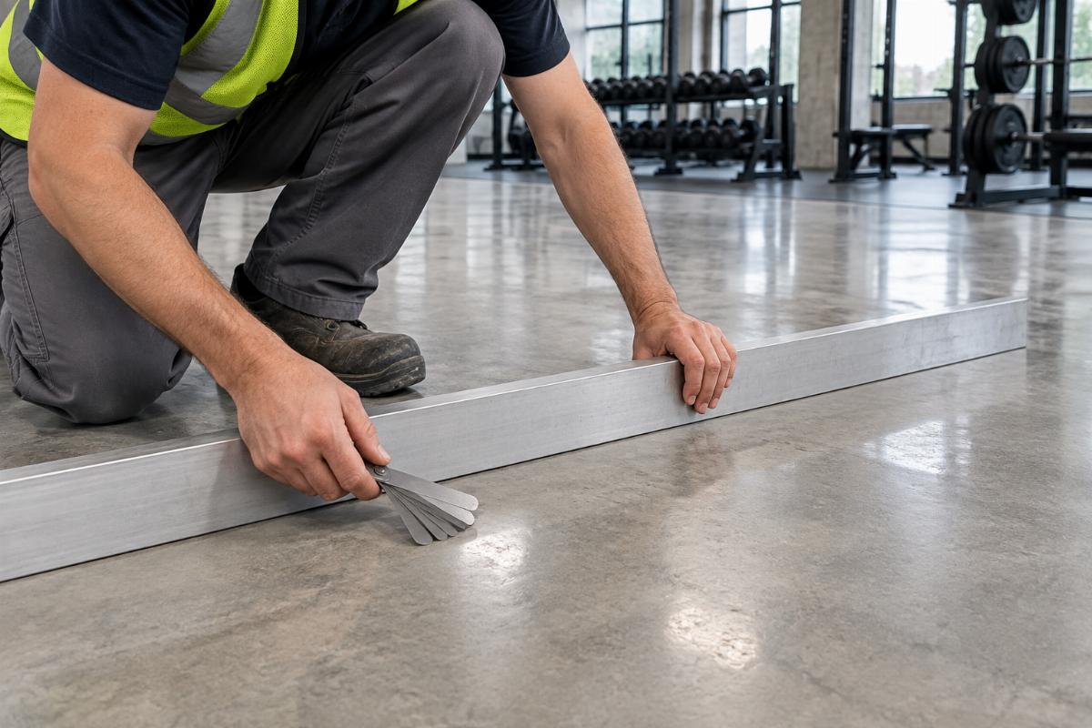 Floor flatness check being performed with a straightedge and feeler gauges on a commercial gym concrete floor