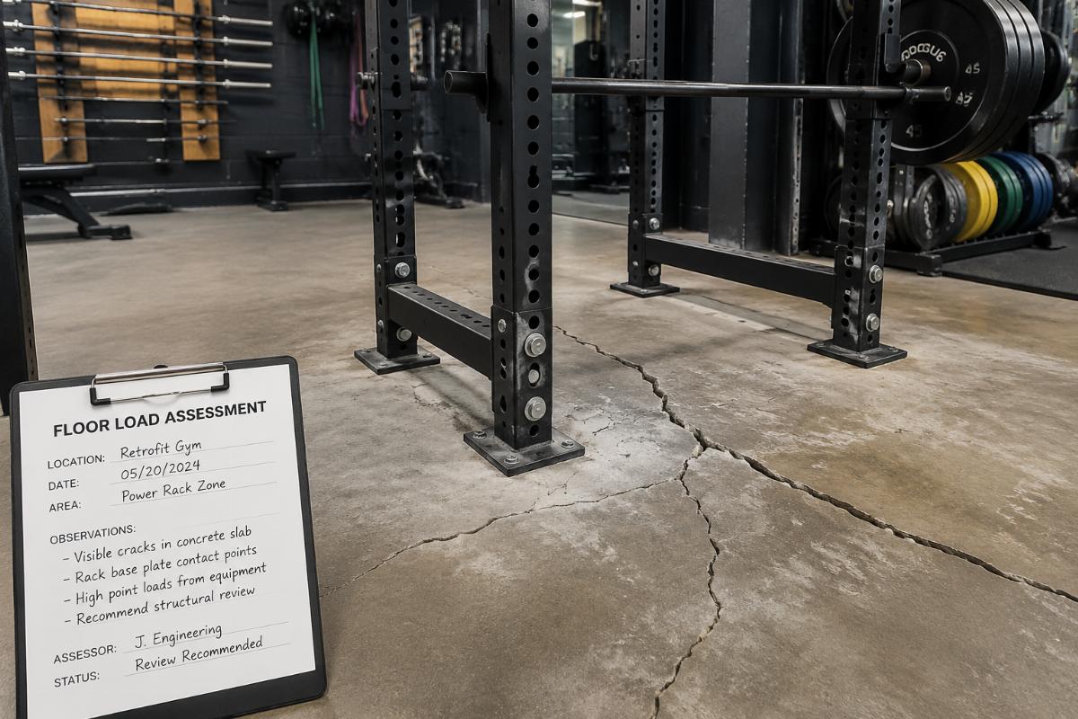 Floor load assessment showing cracked concrete slab beneath a power rack in a retrofitted gym