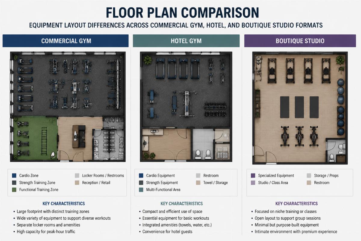 Floor plan comparison showing equipment layout differences across commercial gym hotel and boutique studio formats