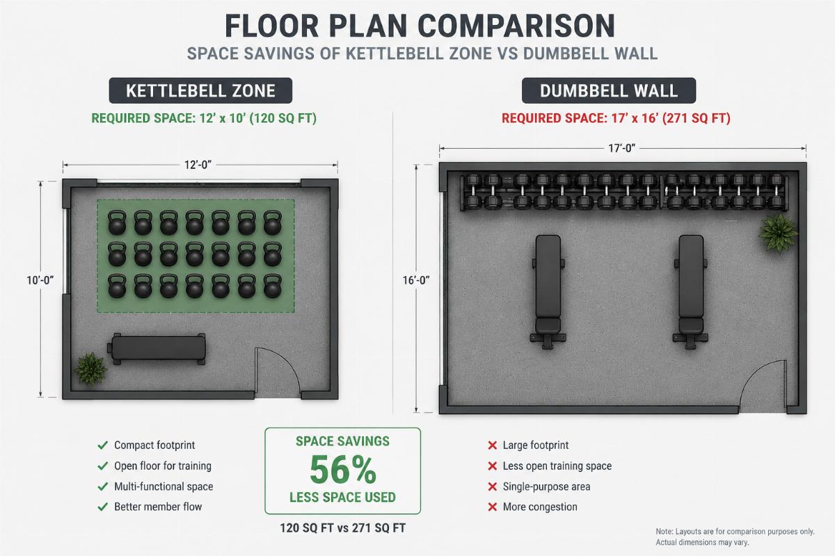 Floor plan comparison showing space savings of kettlebell zone versus dumbbell wall