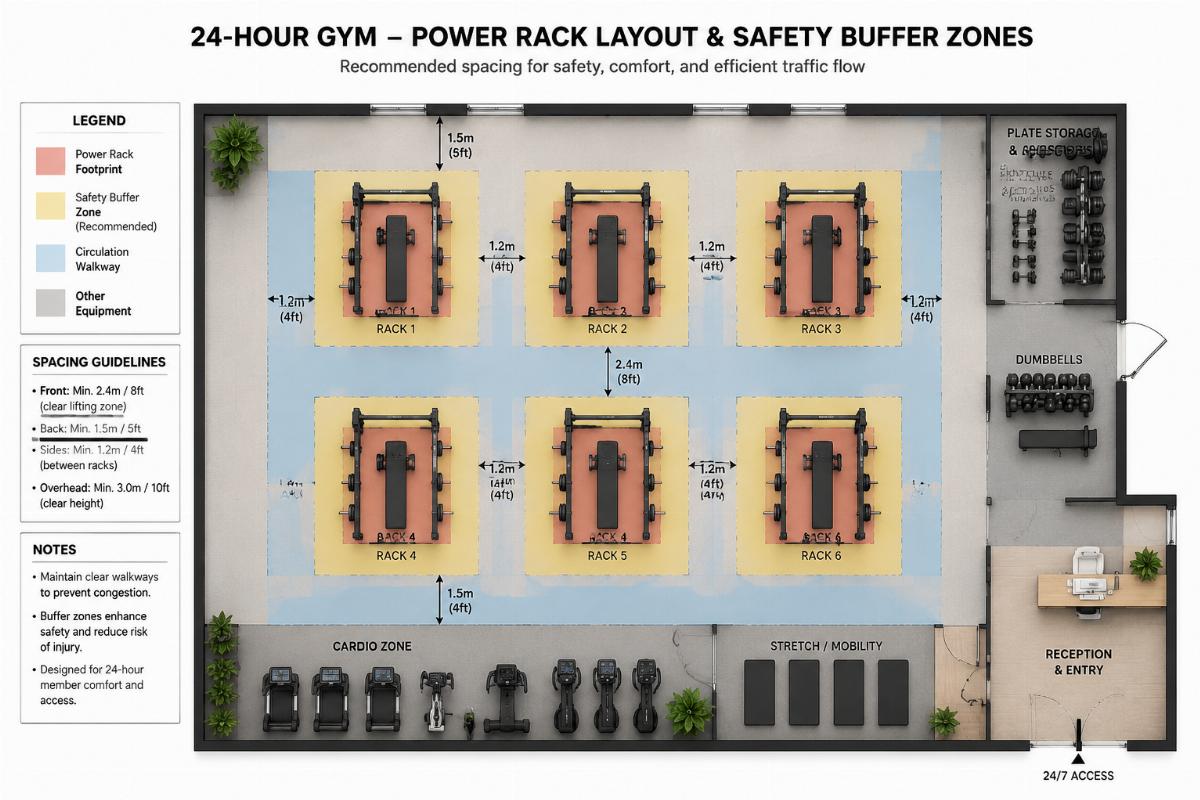 Floor plan layout showing power rack spacing with safety buffer zones in a 24-hour gym