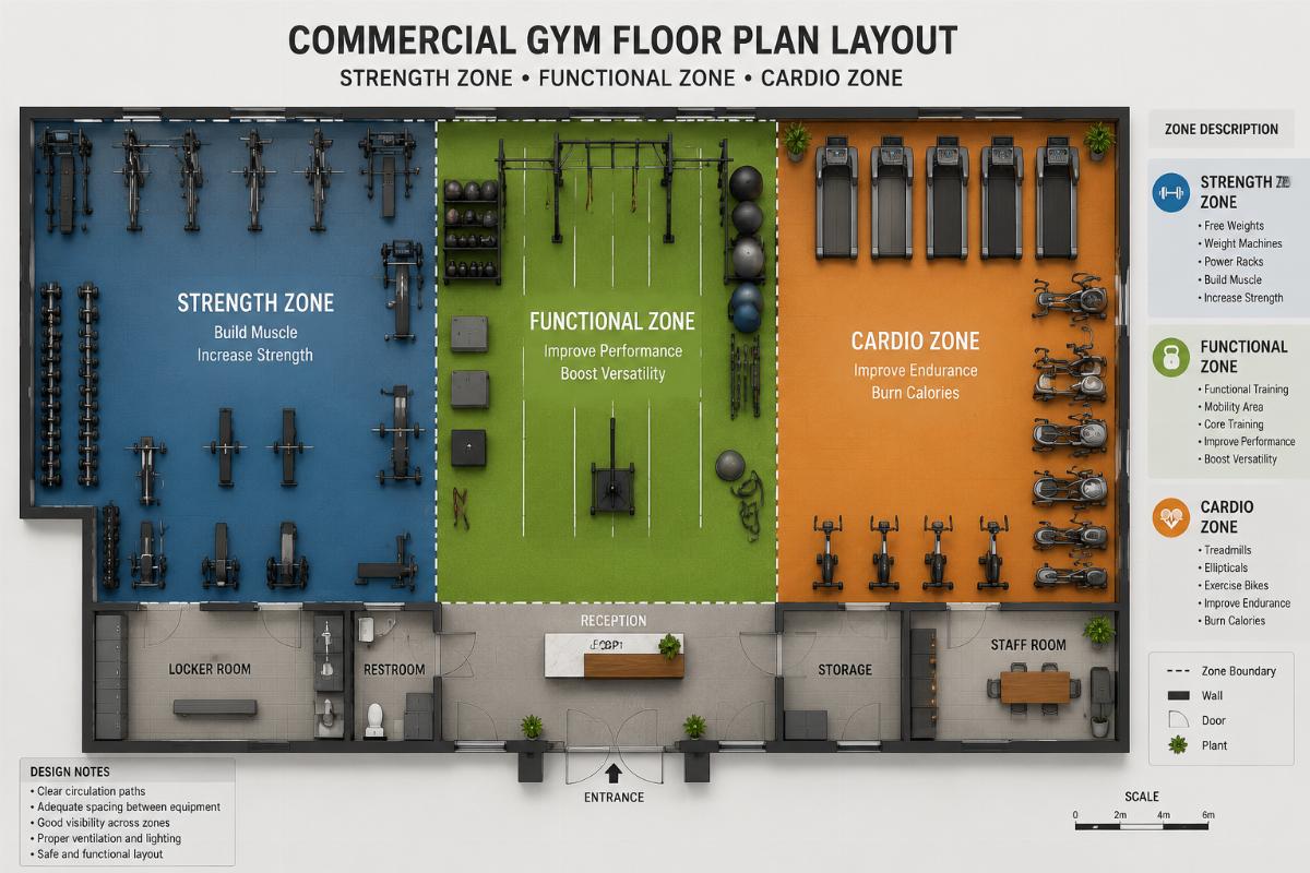 Floor plan layout showing strength zone, functional zone, and cardio zone in a commercial gym