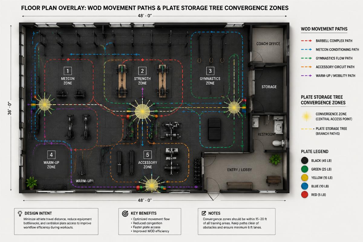 Floor plan overlay showing WOD movement paths and plate storage tree convergence zones