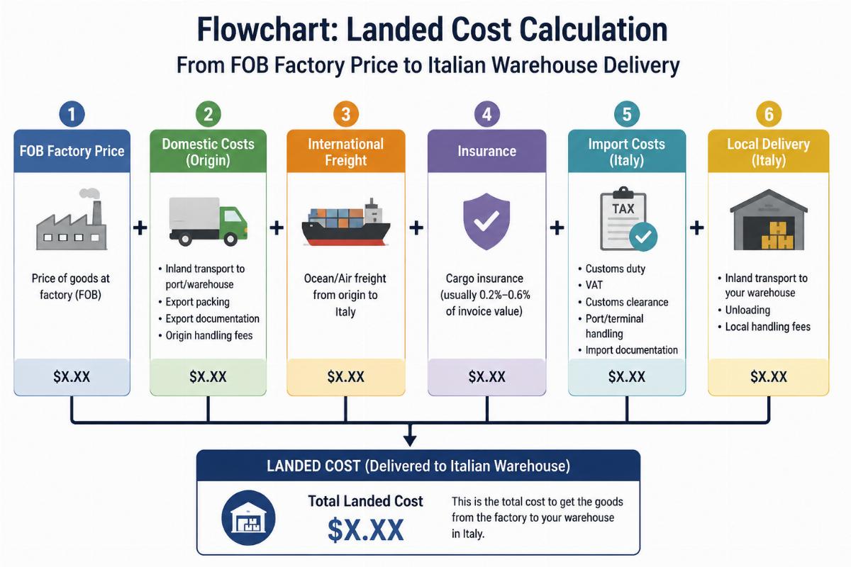 Flowchart showing the step-by-step landed cost calculation from FOB factory price to Italian warehouse delivery