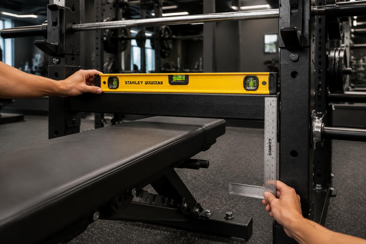 Frame alignment check using a spirit level and machinist square on a commercial bench press bench