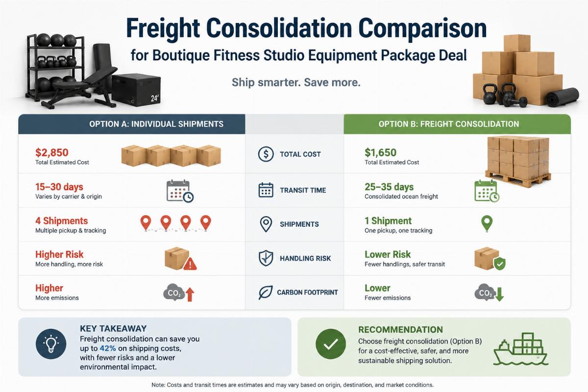 Freight consolidation comparison for boutique fitness studio equipment package deal