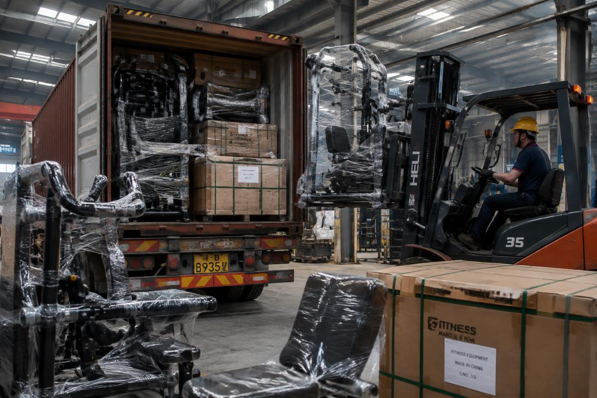 Full container load of commercial gym equipment being packed at factory warehouse for overseas shipment