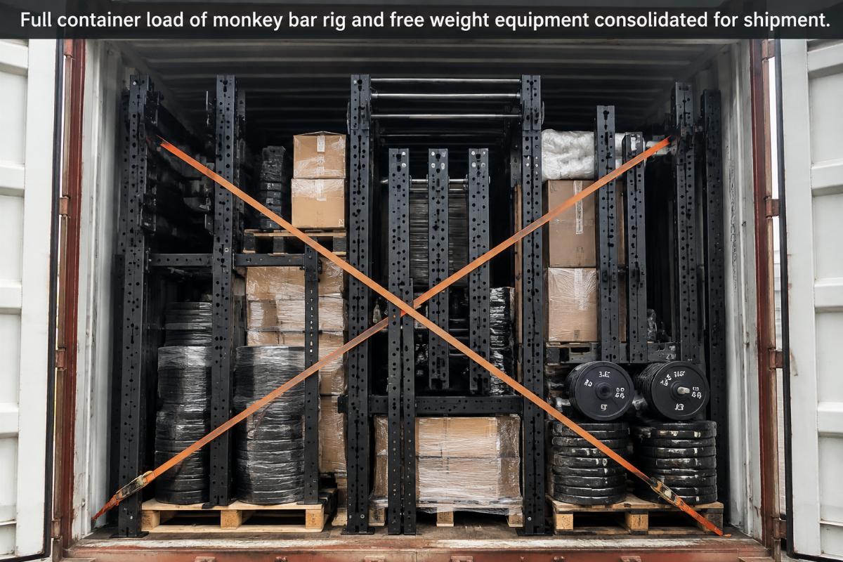 Full container load of monkey bar rig and free weight equipment consolidated for shipment