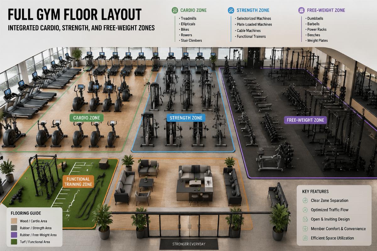 Full gym floor layout showing integrated cardio, strength, and free-weight equipment zones