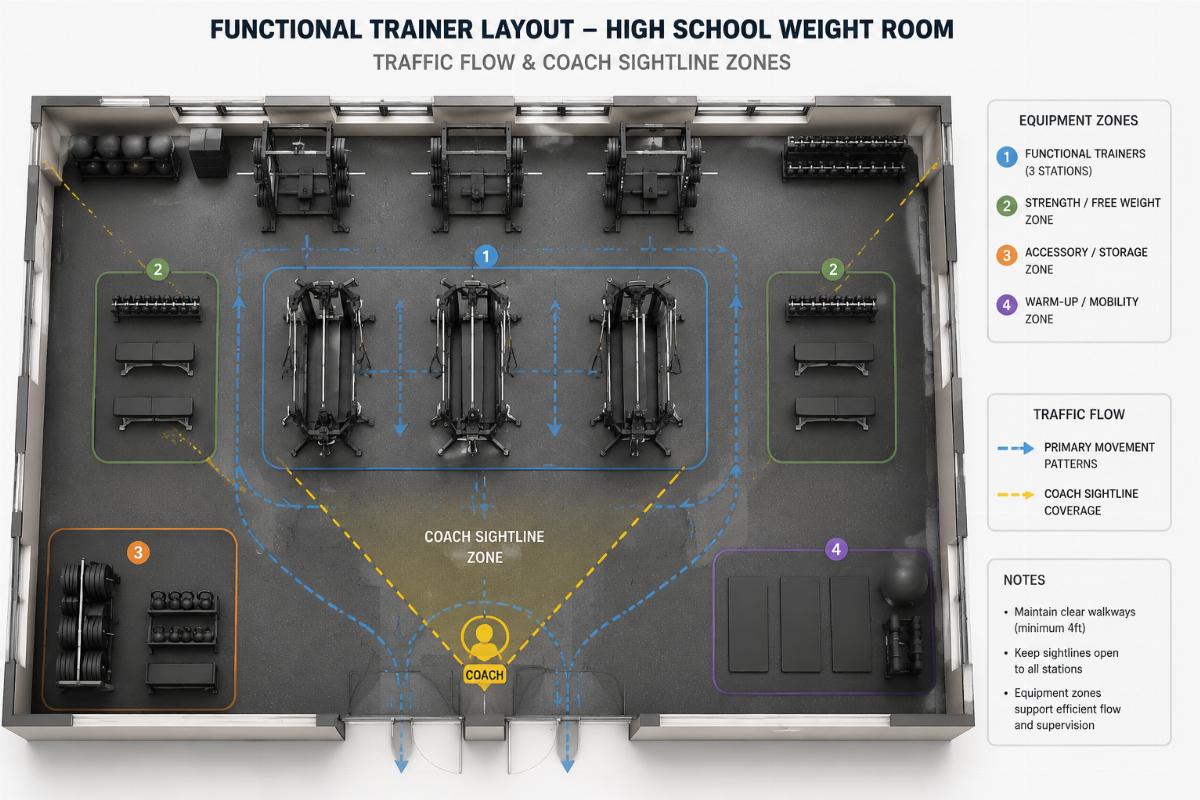 Functional trainer layout in a high school weight room showing traffic flow and coach sightline zones