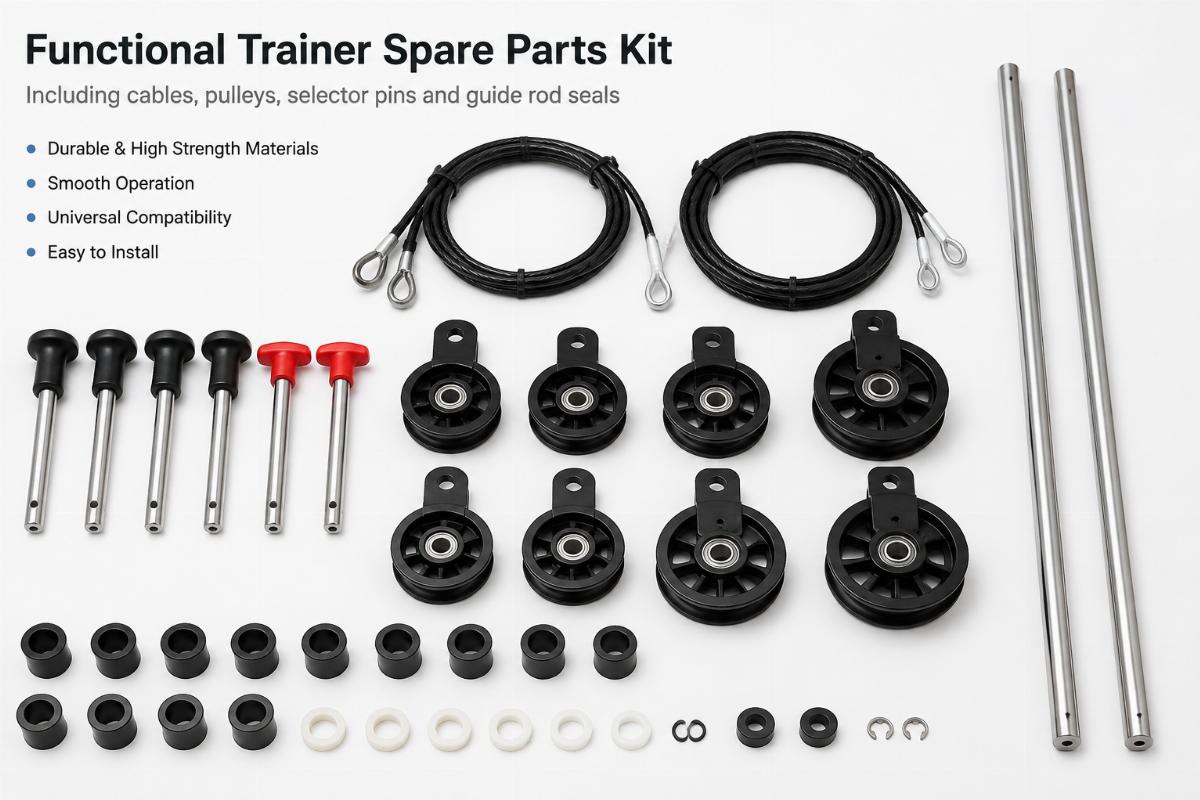 Functional trainer spare parts kit including cables pulleys selector pins and guide rod seals