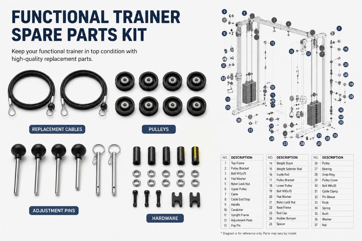 Functional trainer spare parts kit including replacement cables, pulleys, adjustment pins, and exploded parts diagram