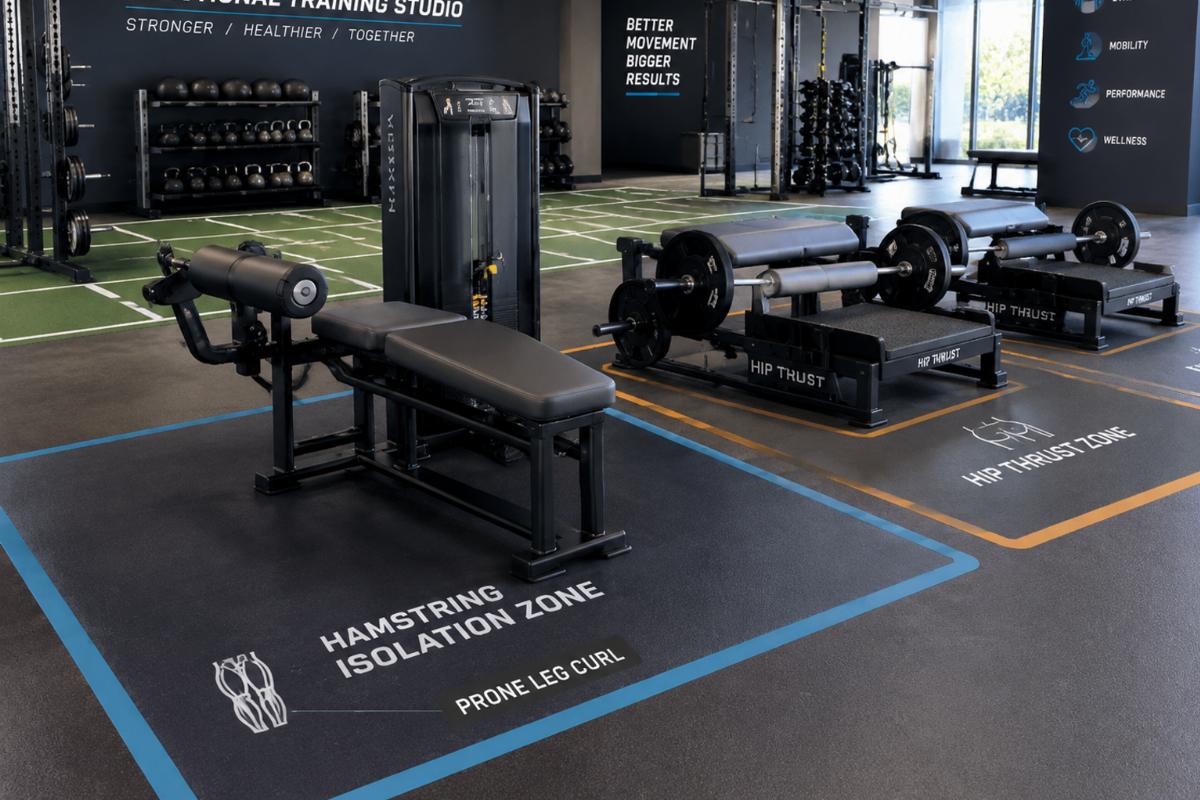 Functional training studio layout showing prone leg curl in the hamstring isolation zone adjacent to hip thrust stations