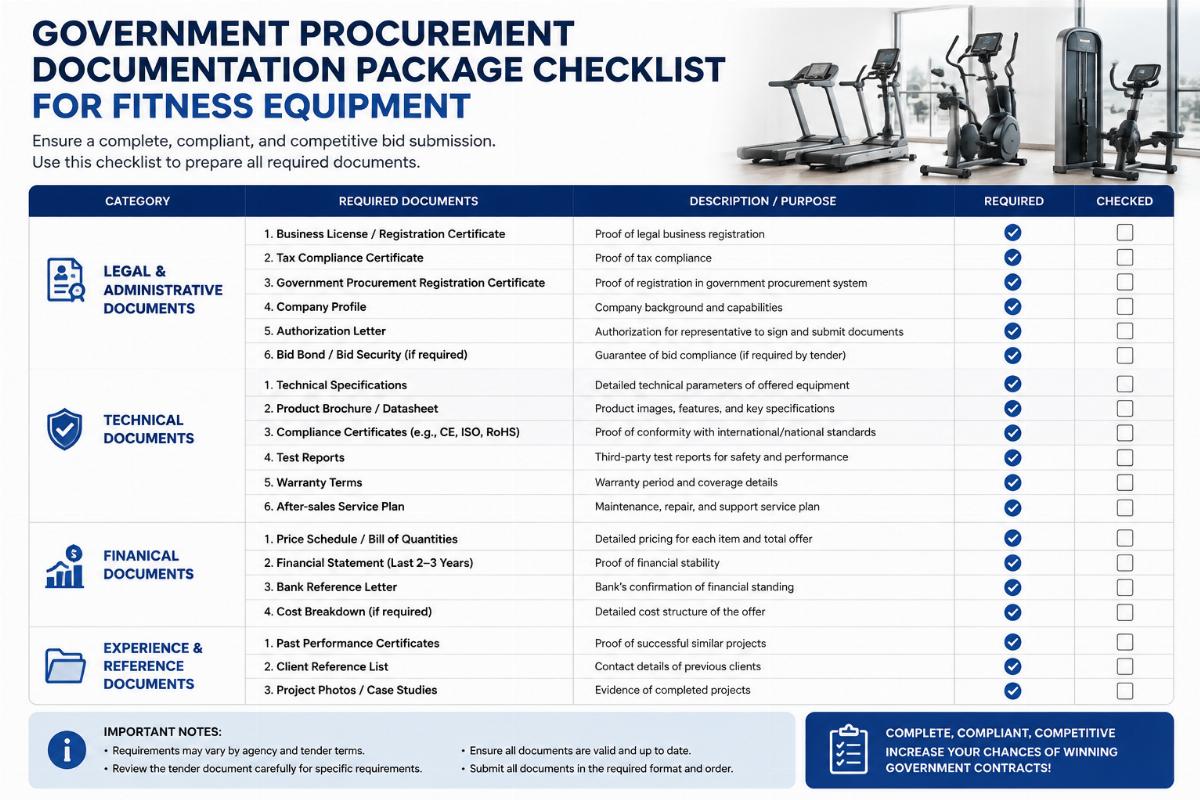 Government procurement documentation package checklist for fitness equipment