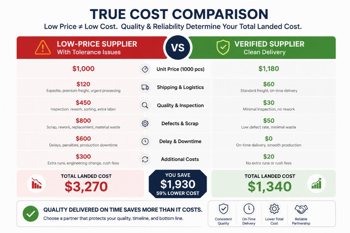 Graphical comparison showing total landed cost breakdown between a low-price supplier with tolerance issues and a verified supplier with clean delivery