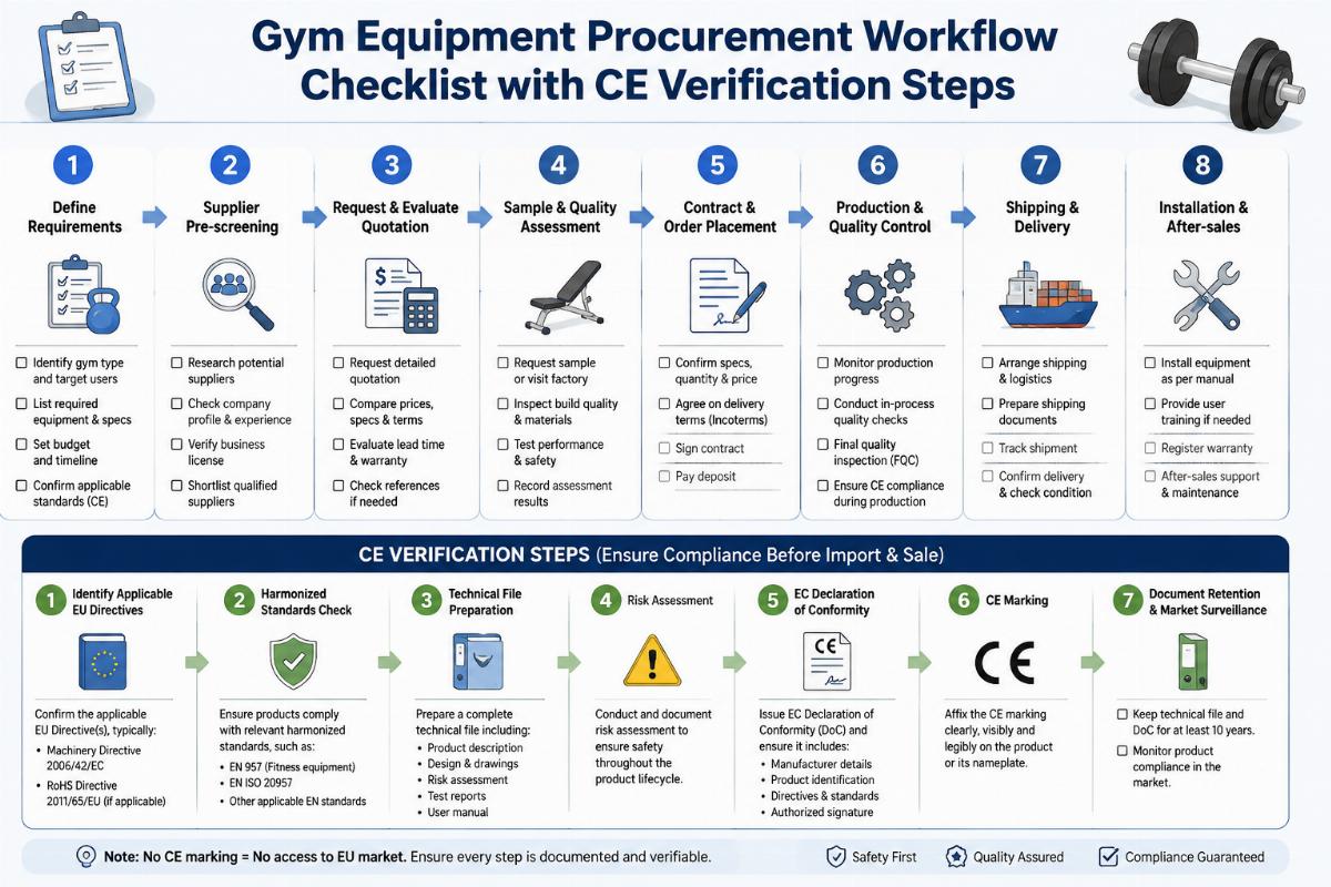 Gym equipment procurement workflow checklist with CE verification steps