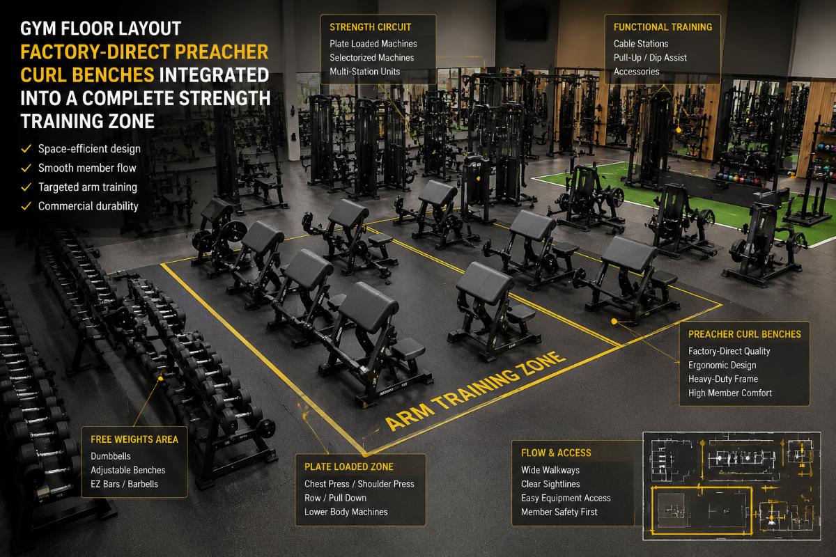 Gym floor layout showing factory-direct preacher curl benches integrated into a complete commercial strength training zone