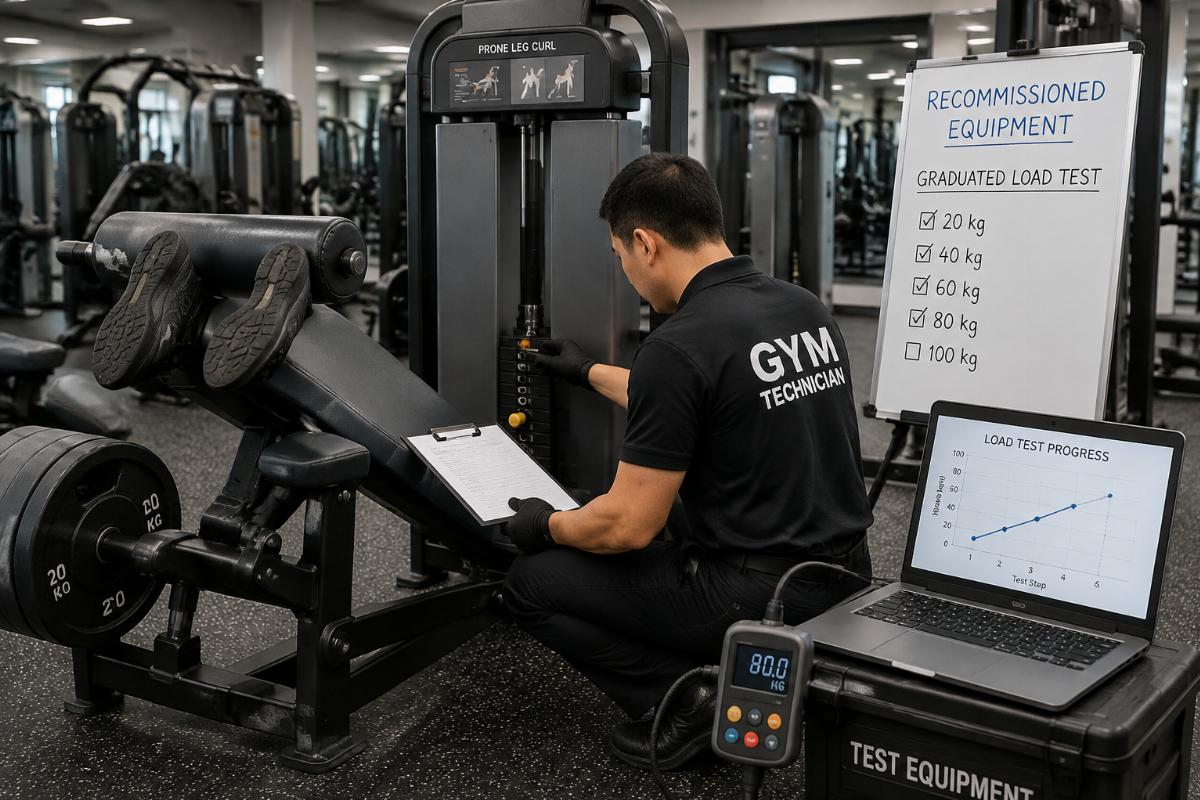 Gym technician performing graduated load test on recommissioned prone leg curl machine