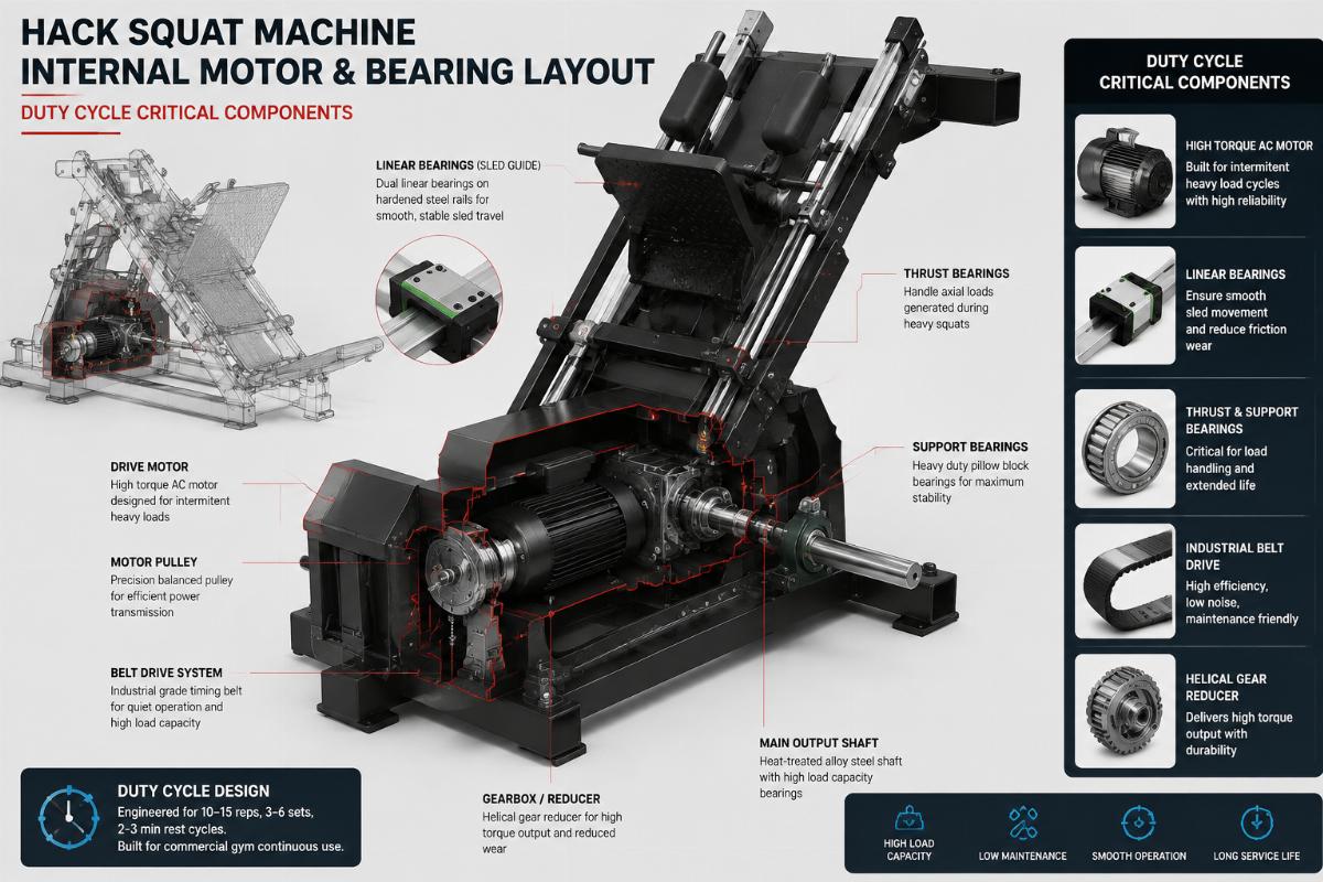 Hack squat machine internal motor and bearing layout showing duty cycle critical components