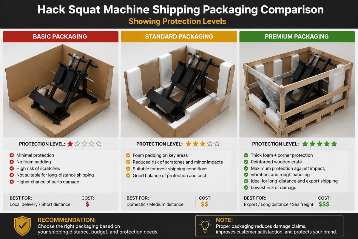 Hack squat machine shipping packaging comparison showing protection levels