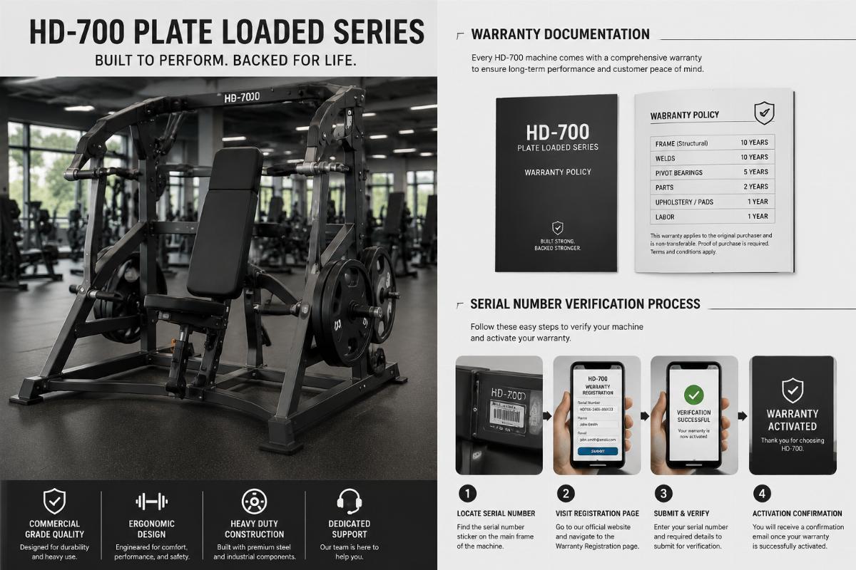 HD-700 Plate Loaded series equipment with warranty documentation and serial number verification process