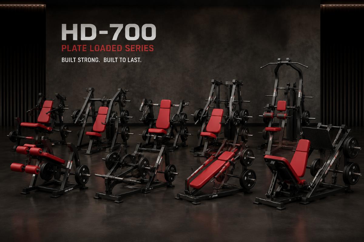 HD-700 Plate Loaded Series lineup in a boutique studio setting with matte black finish and red accent upholstery