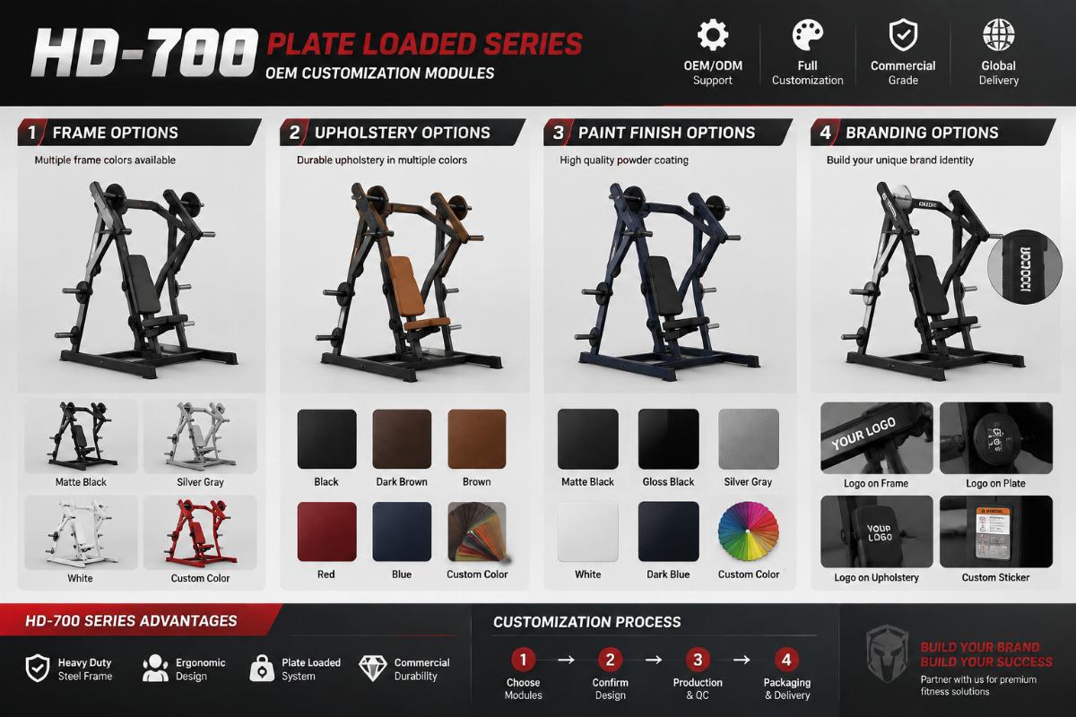 HD-700 plate loaded series OEM customization modules showing frame, upholstery, paint, and branding options