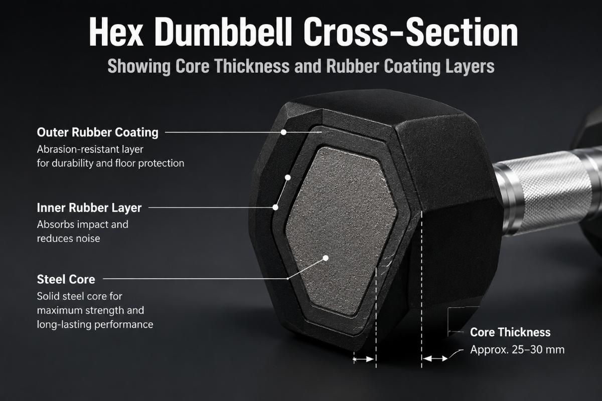 Hex dumbbell cross-section showing core thickness and rubber coating layers