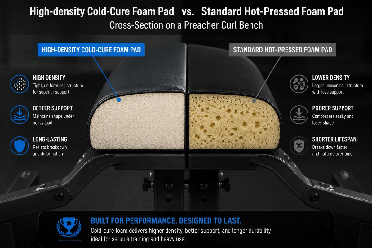 High-density cold-cure foam pad versus standard hot-pressed foam pad cross-section on a preacher curl bench